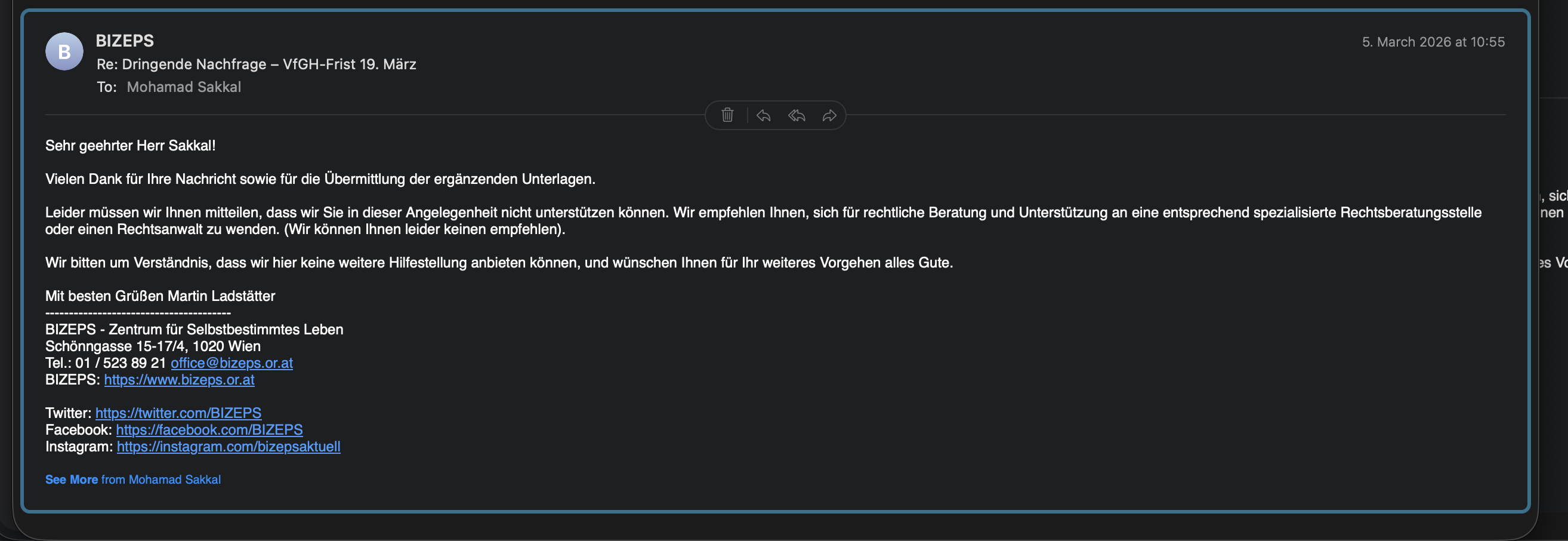 Antwort von BIZEPS: kann den Fall nicht unterstützen