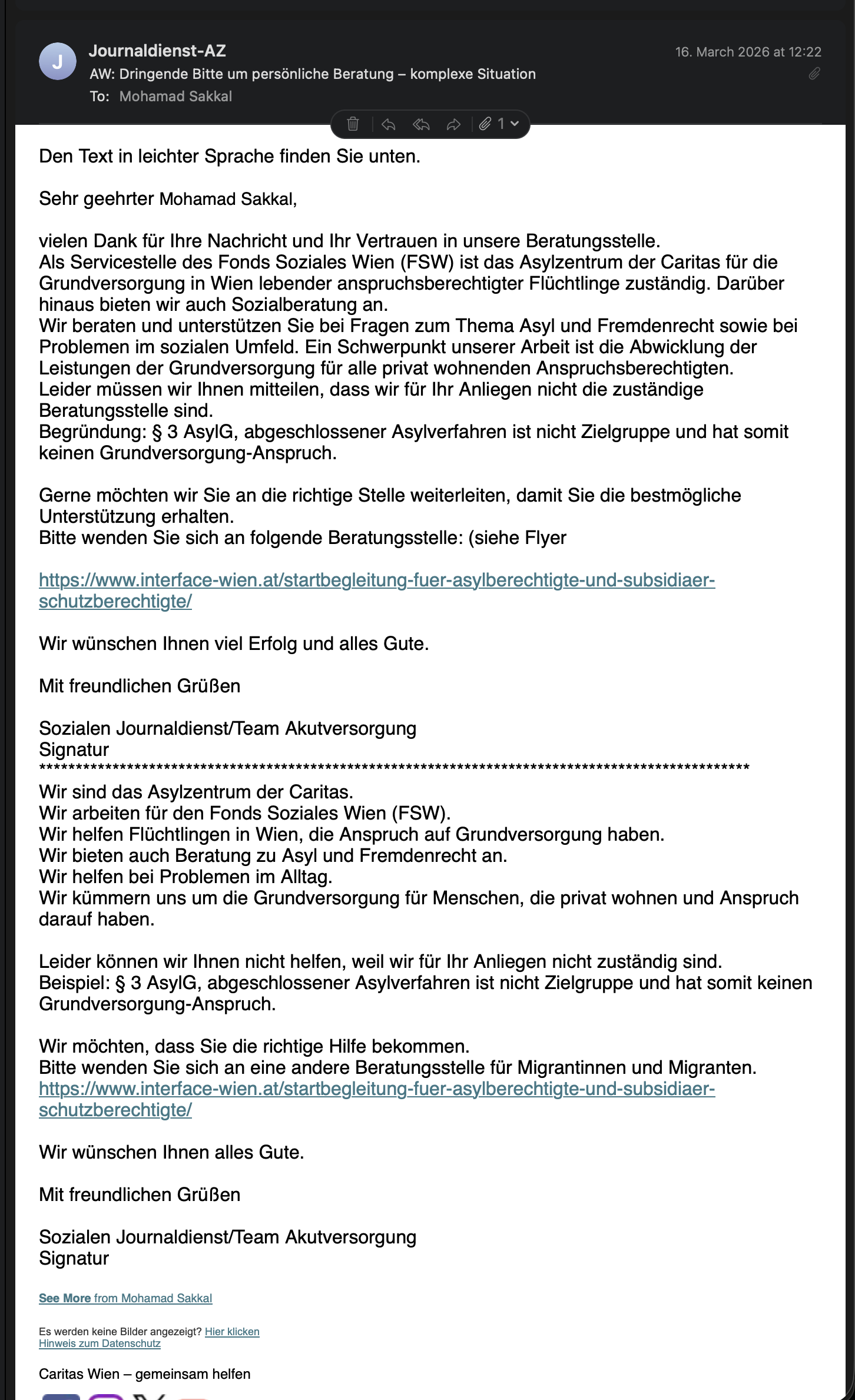Caritas response saying applicant is not their target group