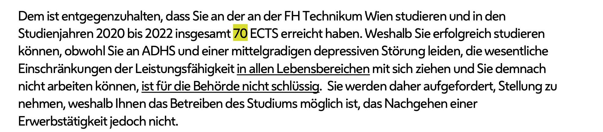 MA35-Dokument, das fragt, wie der Antragsteller studieren aber nicht arbeiten kann