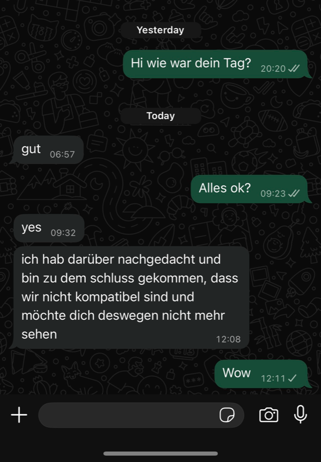 A chat over two days: how was your day, good, everything ok, yes, then a message ending contact.