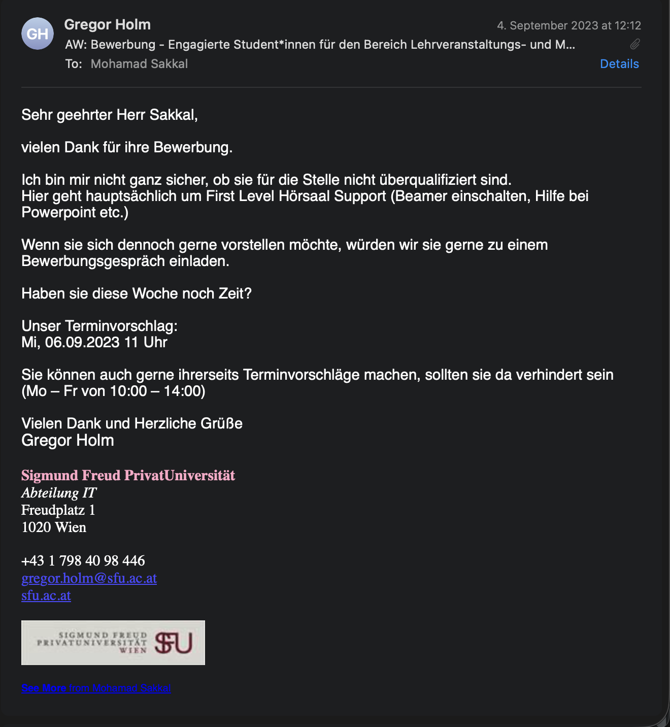 E-Mail der SFU, die Mohamad zu einem Vorstellungsgespräch einlädt