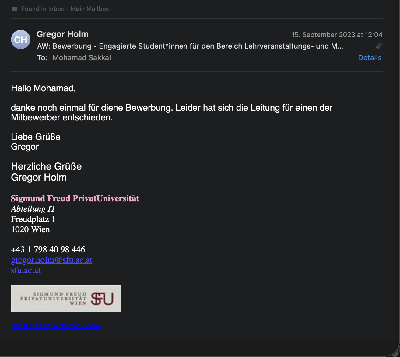 E-Mail der SFU mit Absage nach dem Gespräch