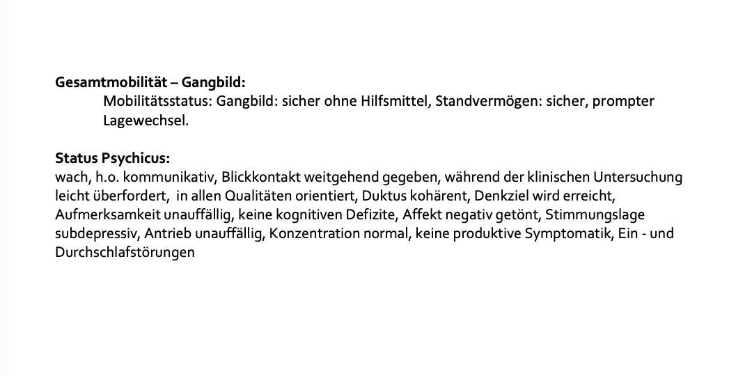 Status Psychicus aus dem SMS-Gutachten, der den Patienten als kommunikativ mit normaler Konzentration beschreibt