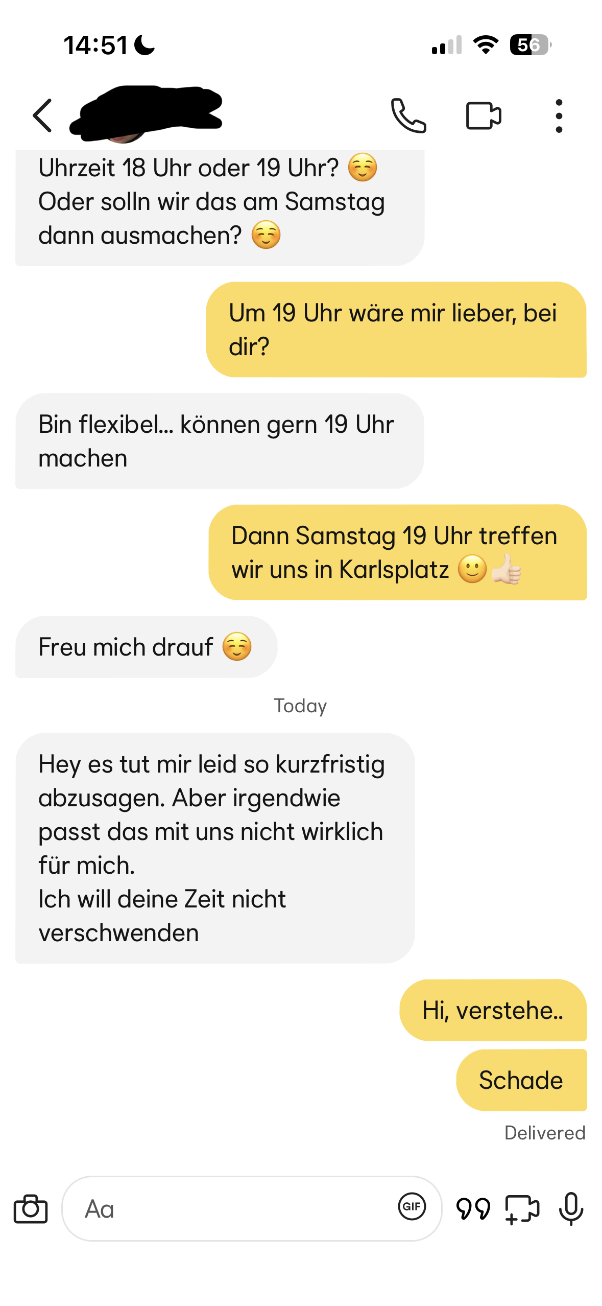 Screenshot eines Chats, in dem ein verabredetes Treffen kurzfristig und ohne Begründung abgesagt wird