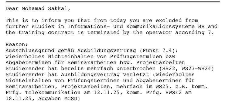 Exmatrikulationsschreiben der Universität