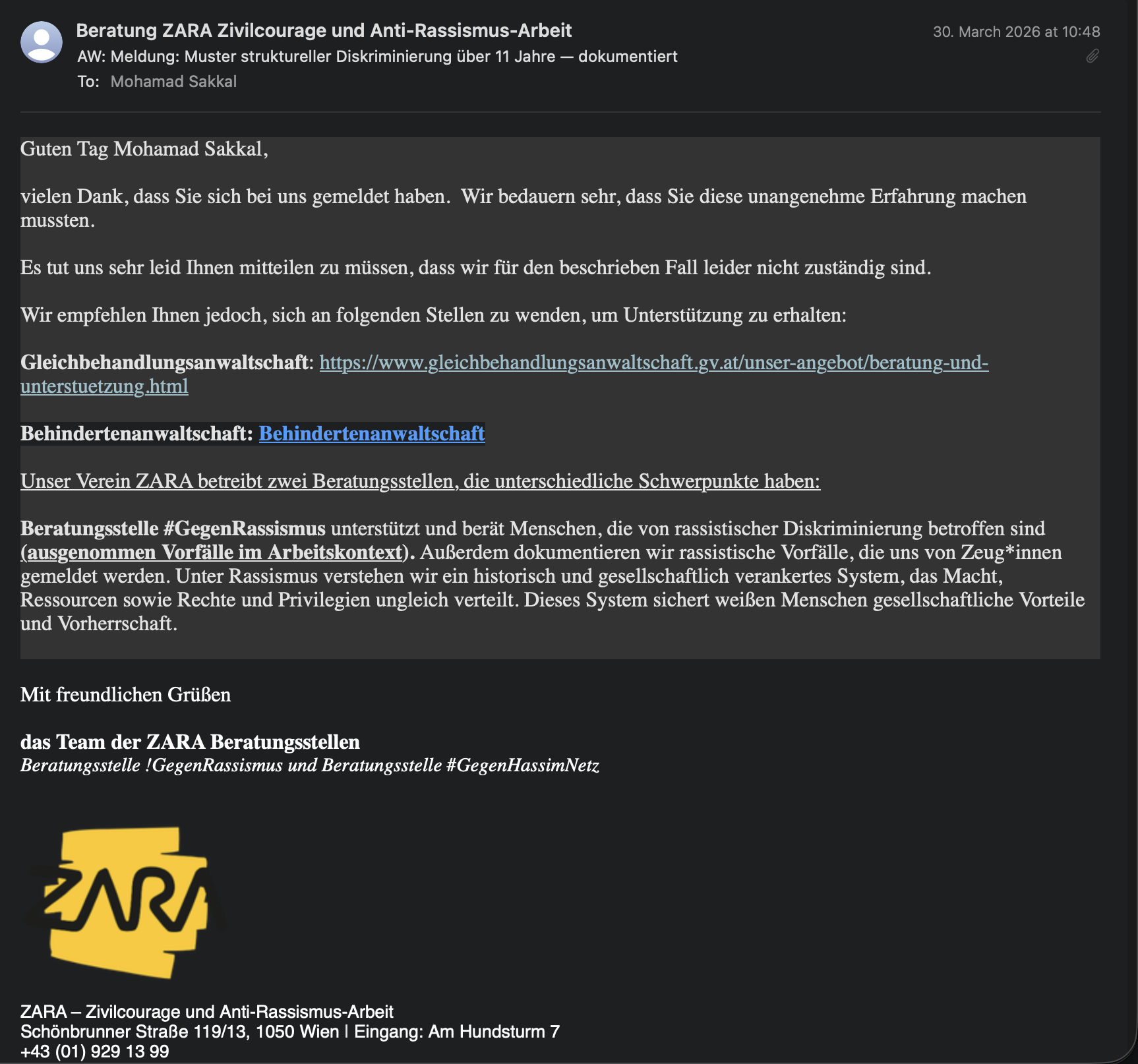 Antwort von ZARA: nicht zuständig für den Fall