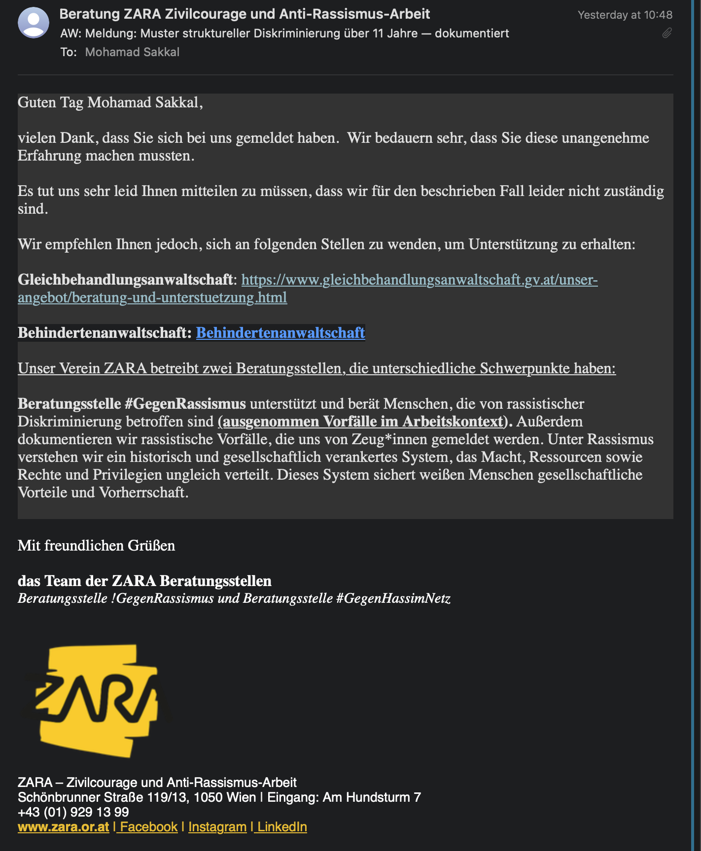 ZARA response saying they are not responsible for this case